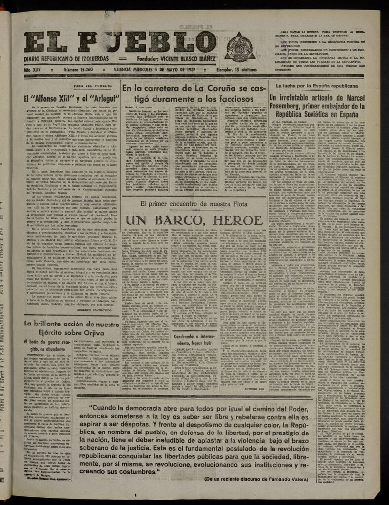 Miniatura de El Pueblo : Diario republicano de Valencia del 5 de mayo de 1937, nº 15.260