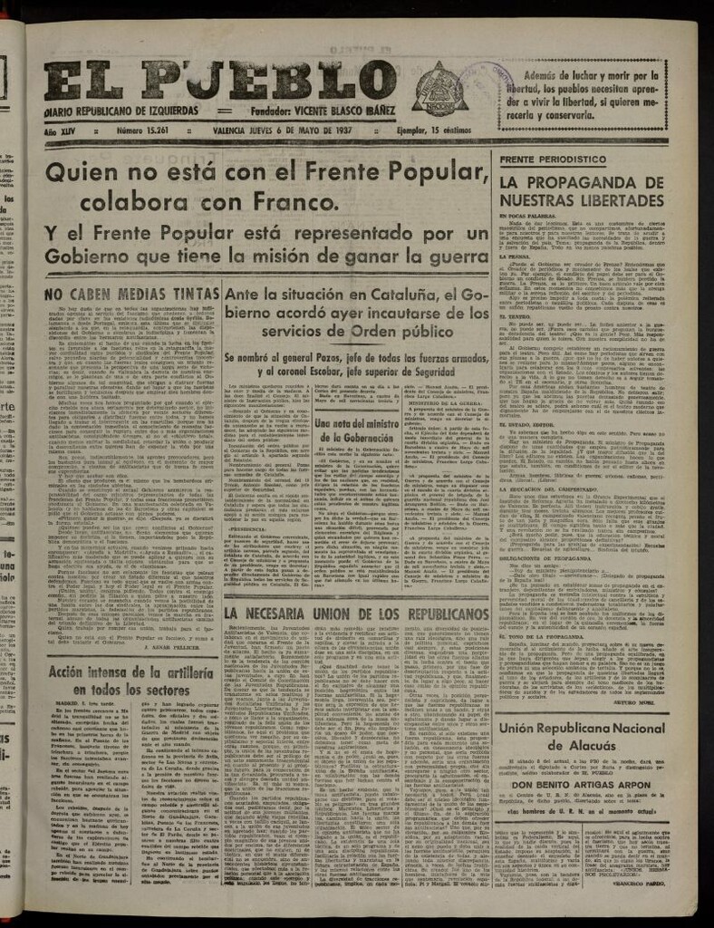 Miniatura de El Pueblo : Diario republicano de Valencia del 6 de mayo de 1937, nº 15.261