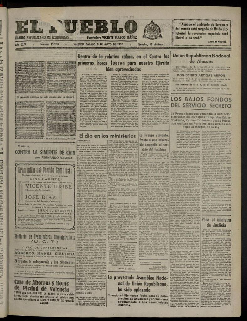 Miniatura de El Pueblo : Diario republicano de Valencia del 8 de mayo de 1937, nº 15.263