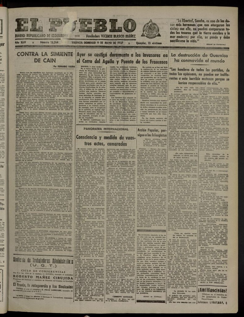 Miniatura de El Pueblo : Diario republicano de Valencia del 9 de mayo de 1937, nº 15.264