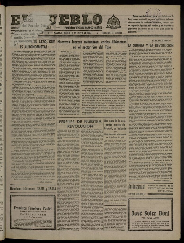 Miniatura de El Pueblo : Diario republicano de Valencia del 11 de mayo de 1937, nº 15.265