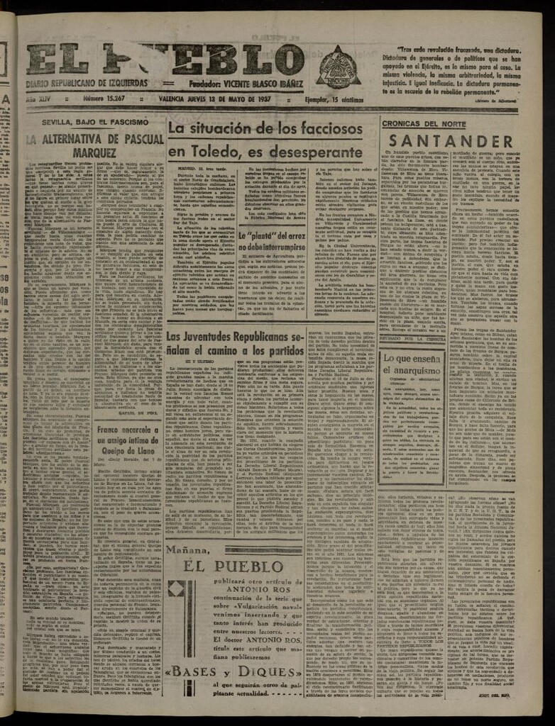 Miniatura de El Pueblo : Diario republicano de Valencia del 13 de mayo de 1937, nº 15.267