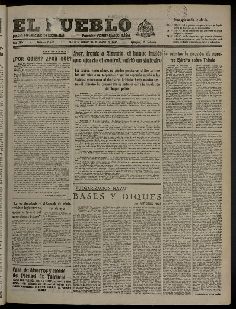 Miniatura de El Pueblo : Diario republicano de Valencia del 14 de mayo de 1937, nº 15.268