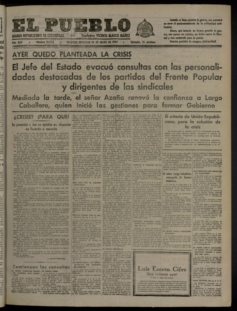 Miniatura de El Pueblo : Diario republicano de Valencia del 16 de mayo de 1937, nº 15.270