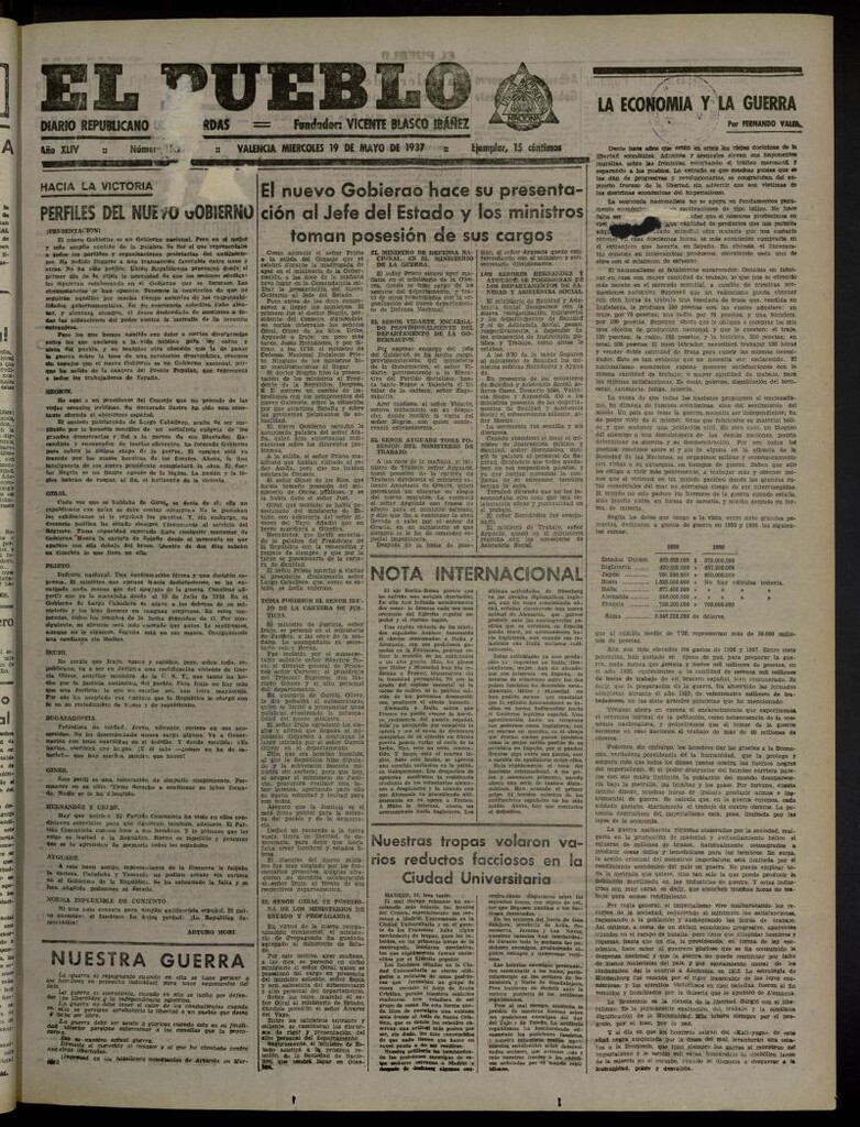 Miniatura de El Pueblo : Diario republicano de Valencia del 19 de mayo de 1937, nº 15.272
