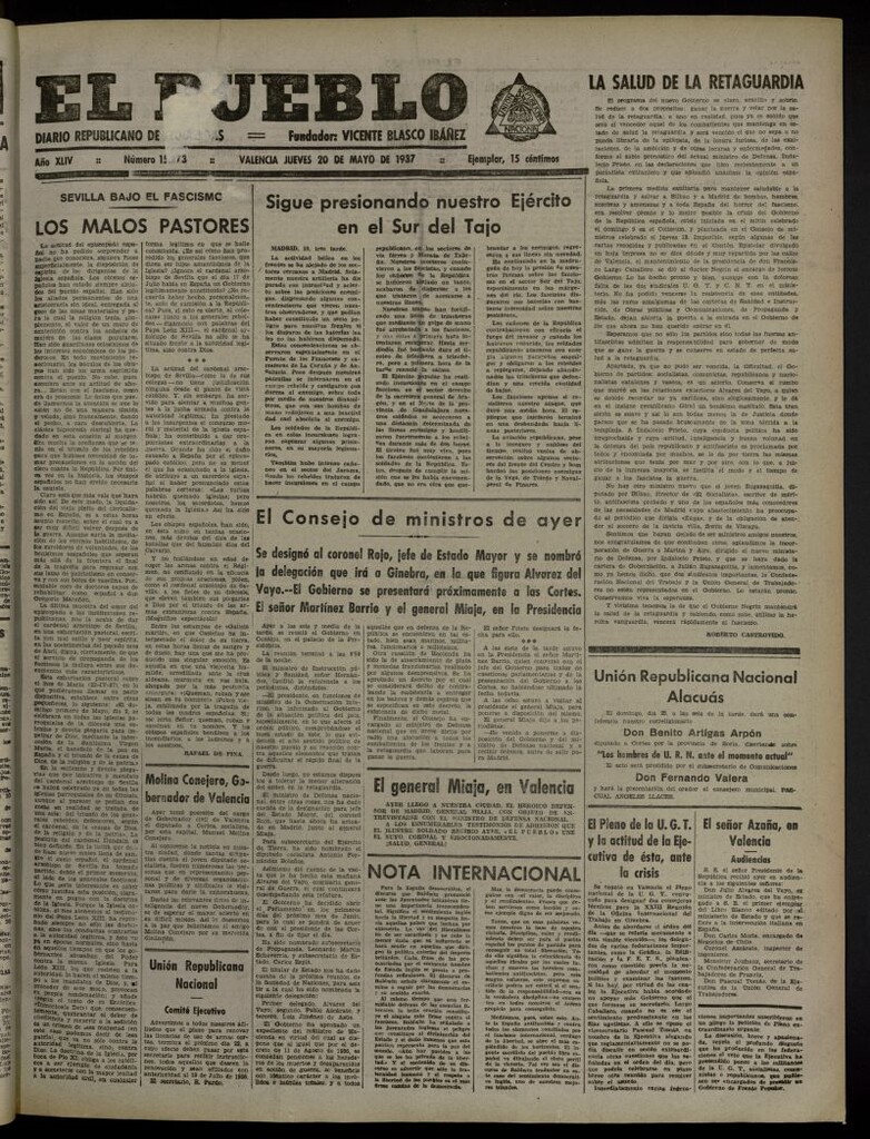 Miniatura de El Pueblo : Diario republicano de Valencia del 20 de mayo de 1937, nº 15.273