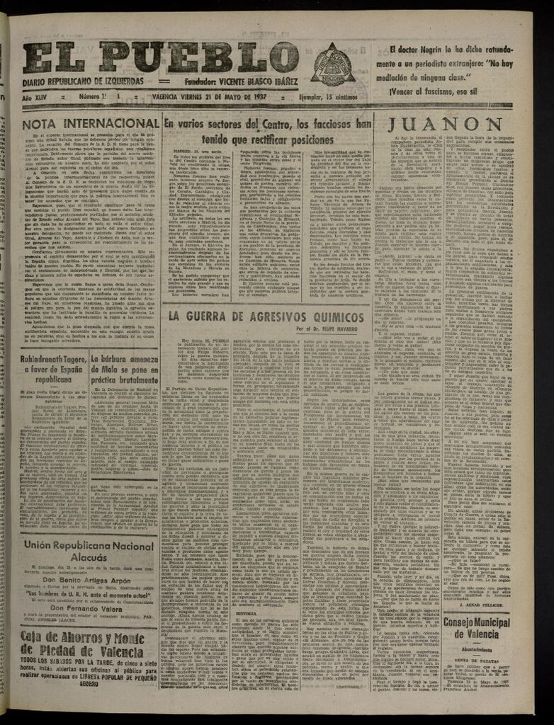 Miniatura de El Pueblo : Diario republicano de Valencia del 21 de mayo de 1937, nº 15.274