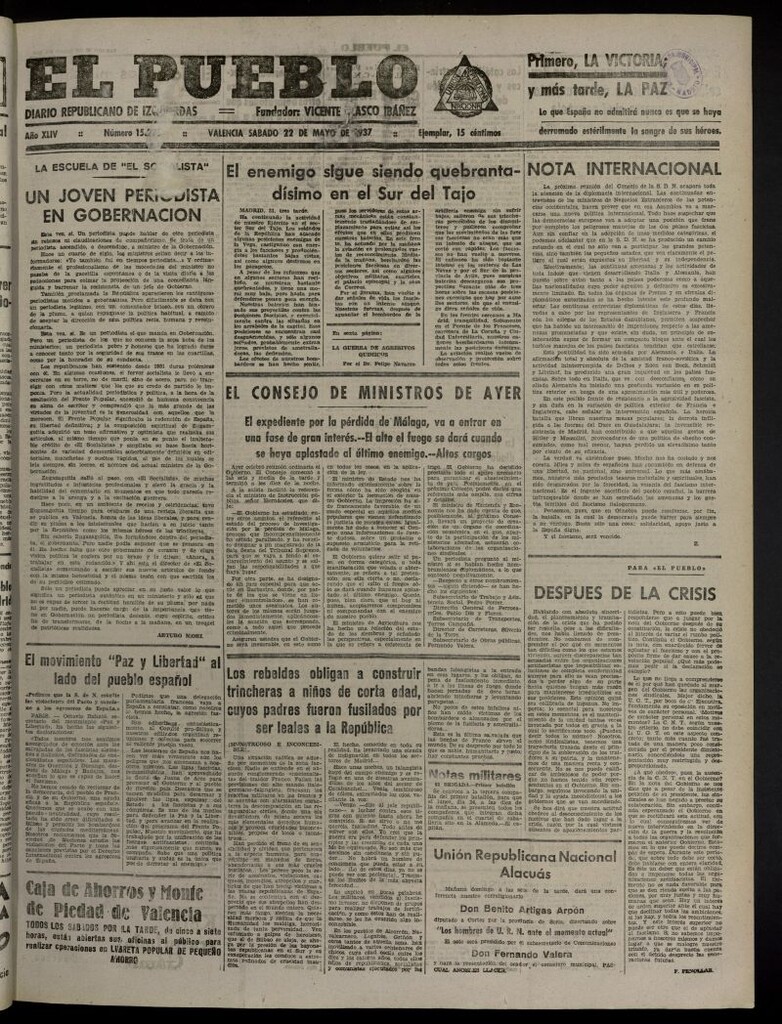Miniatura de El Pueblo : Diario republicano de Valencia del 22 de mayo de 1937, nº 15.275