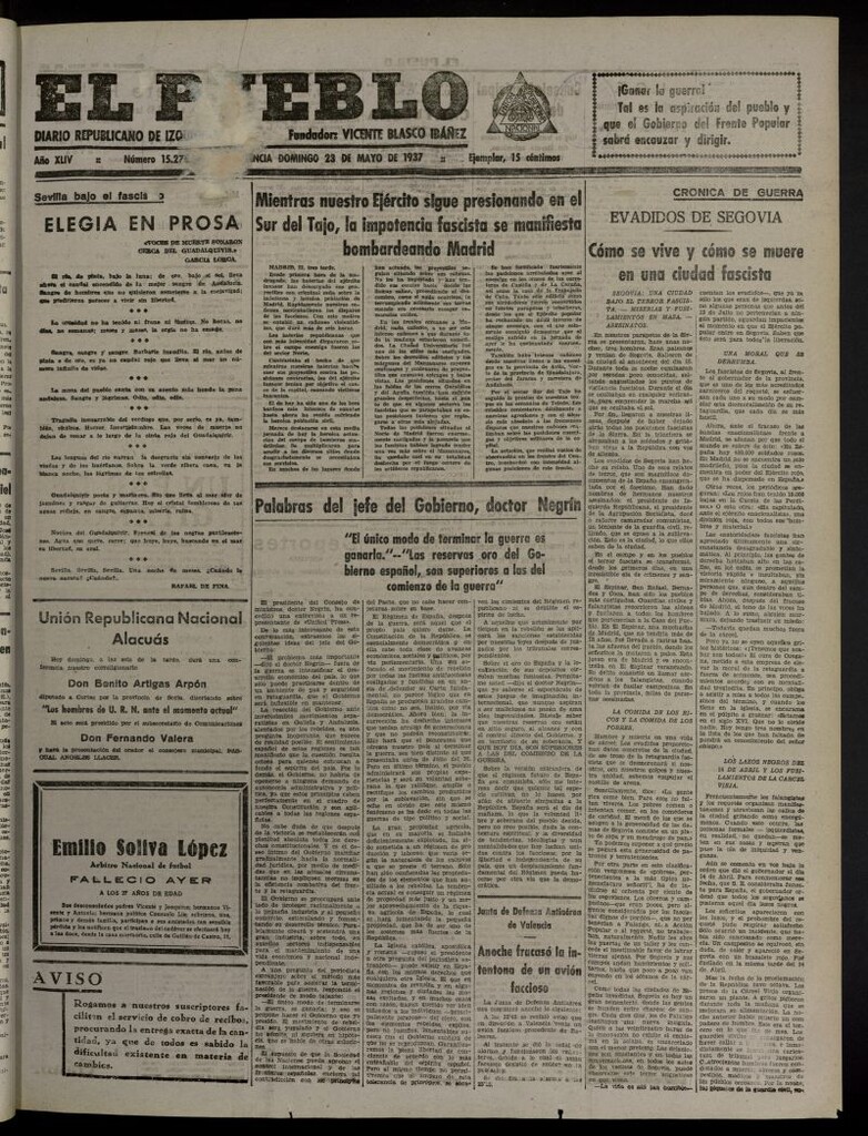 Miniatura de El Pueblo : Diario republicano de Valencia del 23 de mayo de 1937, nº 15.276