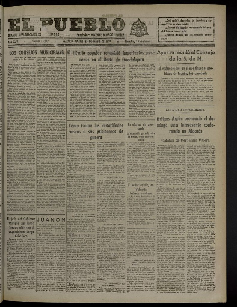 Miniatura de El Pueblo : Diario republicano de Valencia del 25 de mayo de 1937, nº 15.277