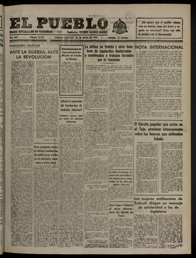 Miniatura de El Pueblo : Diario republicano de Valencia del 26 de mayo de 1937, nº 15.278