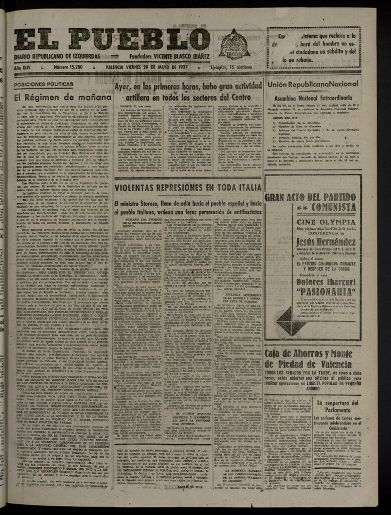 Miniatura de El Pueblo : Diario republicano de Valencia del 28 de mayo de 1937, nº 15.280