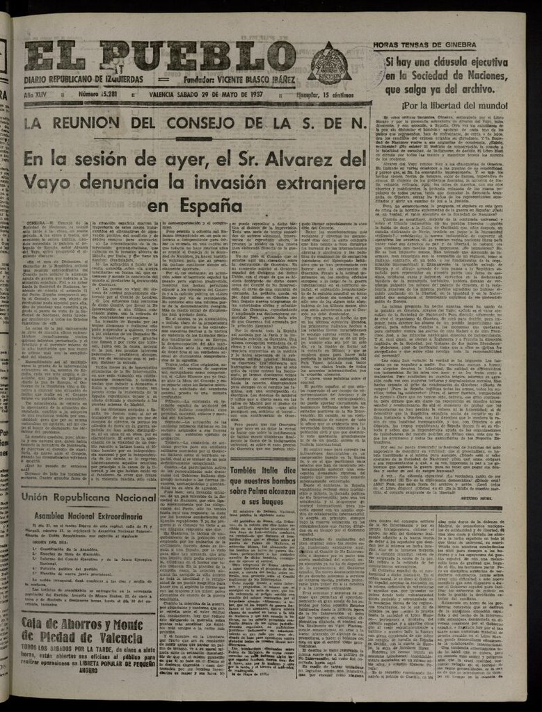 Miniatura de El Pueblo : Diario republicano de Valencia del 29 de mayo de 1937, nº 15.281