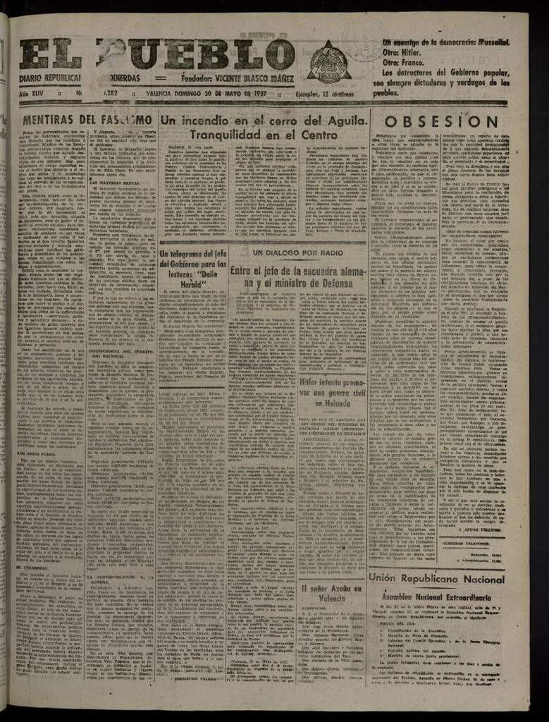 Miniatura de El Pueblo : Diario republicano de Valencia del 30 de mayo de 1937, nº 15.282