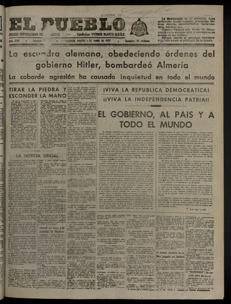 Miniatura de El Pueblo : Diario republicano de Valencia del 1 de junio de 1937, nº 15.283