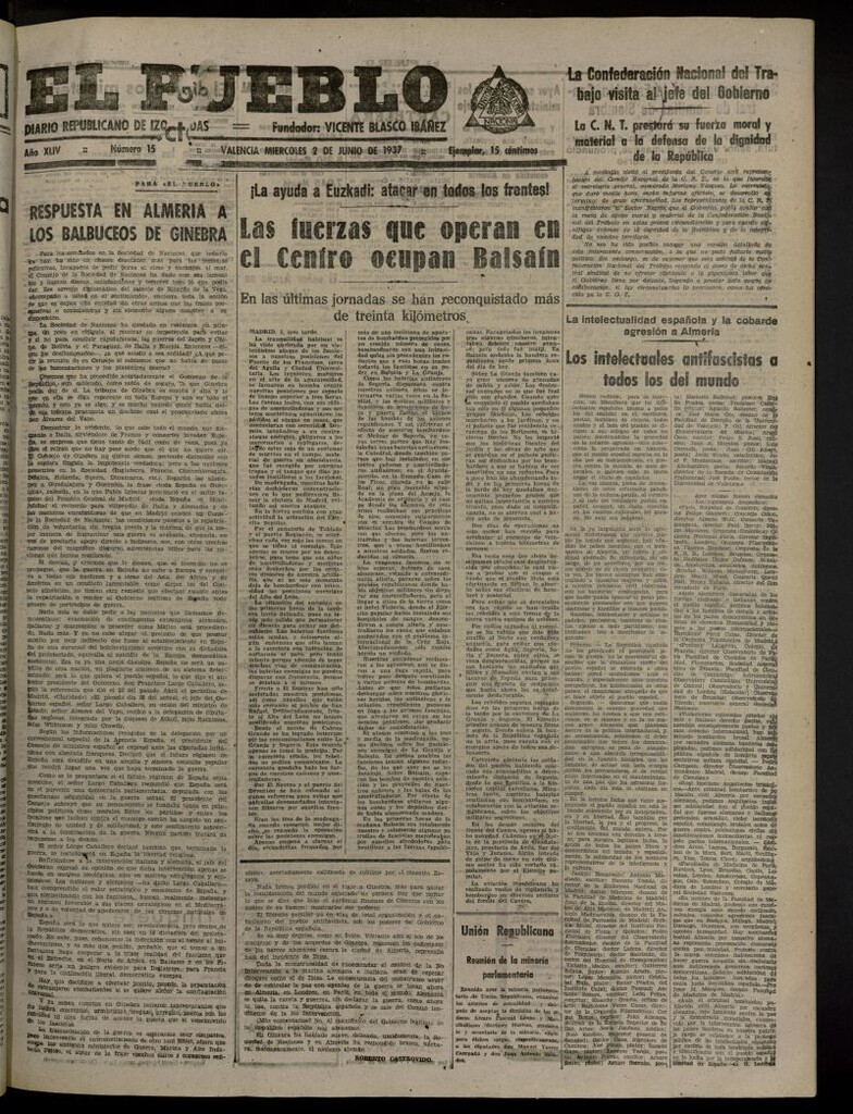 Miniatura de El Pueblo : Diario republicano de Valencia del 2 de junio de 1937, nº 15.284