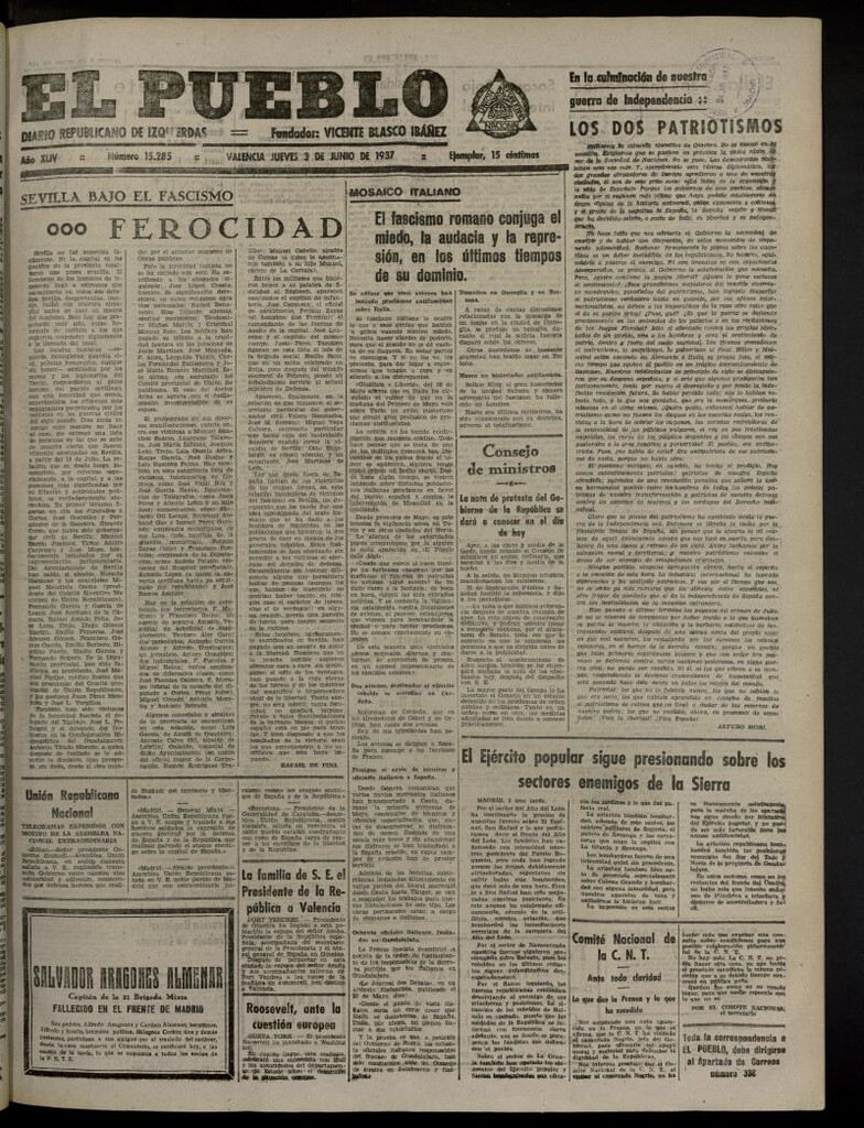Miniatura de El Pueblo : Diario republicano de Valencia del 3 de junio de 1937, nº 15.285