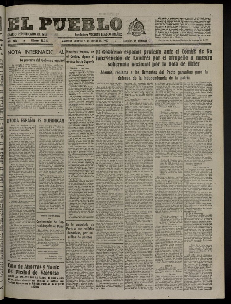 Miniatura de El Pueblo : Diario republicano de Valencia del 5 de junio de 1937, nº 15.287