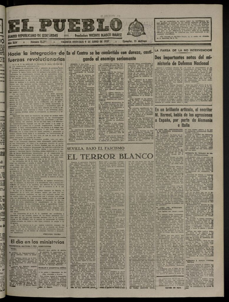 Miniatura de El Pueblo : Diario republicano de Valencia del 9 de junio de 1937, nº 15.290