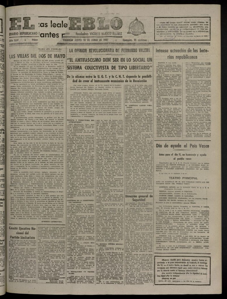 Miniatura de El Pueblo : Diario republicano de Valencia del 10 de junio de 1937, nº 15.291