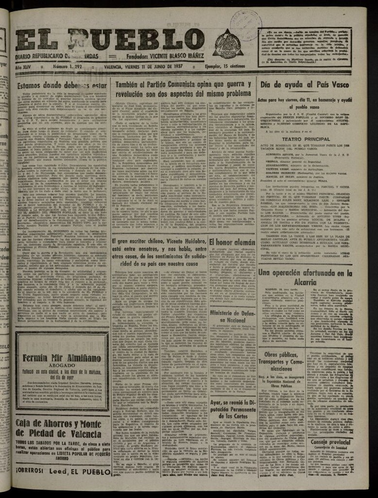 Miniatura de El Pueblo : Diario republicano de Valencia del 11 de junio de 1937, nº 15.292