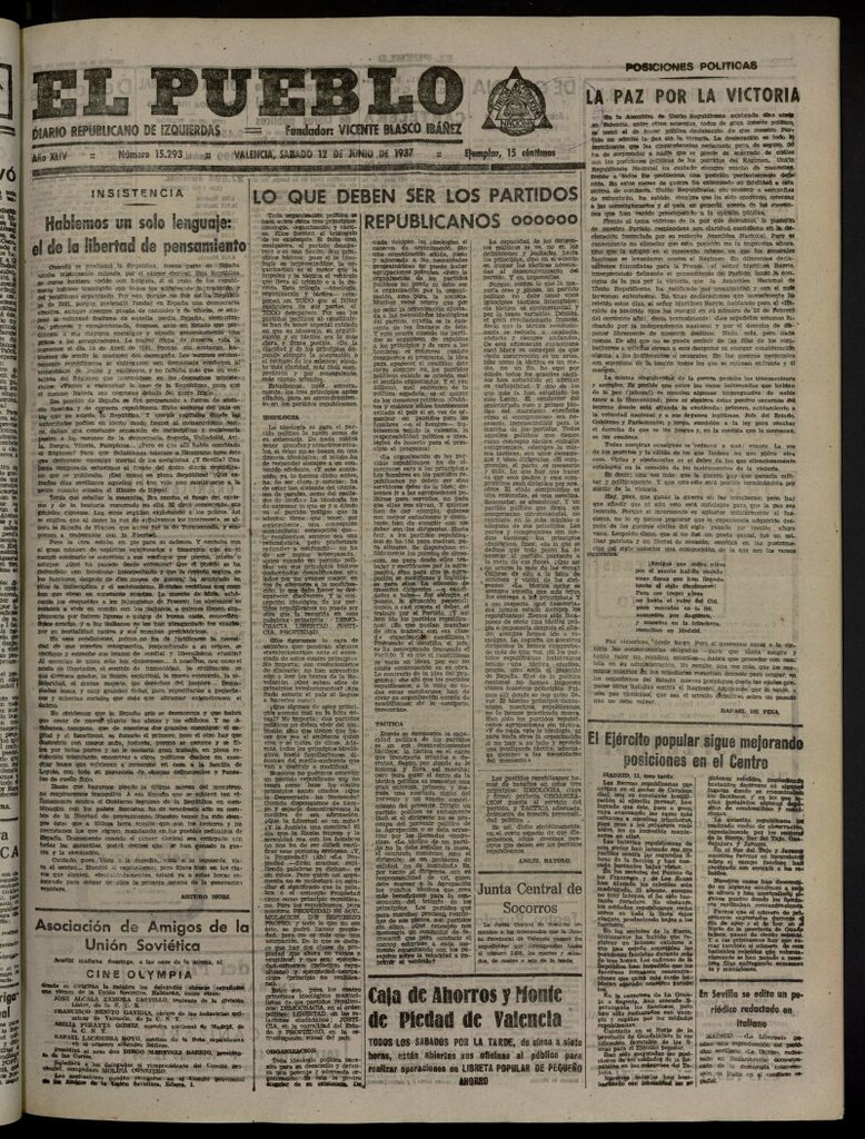 Miniatura de El Pueblo : Diario republicano de Valencia del 12 de junio de 1937, nº 15.293