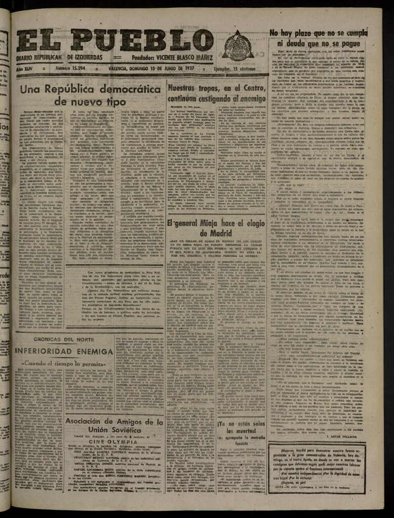 Miniatura de El Pueblo : Diario republicano de Valencia del 13 de junio de 1937, nº 15.294