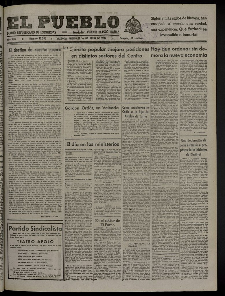 Miniatura de El Pueblo : Diario republicano de Valencia del 16 de junio de 1937, nº 15.296