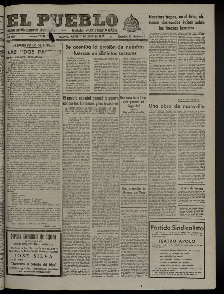Miniatura de El Pueblo : Diario republicano de Valencia del 17 de junio de 1937, nº 15.297