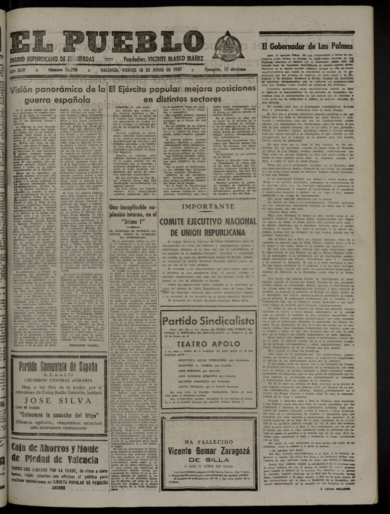 Miniatura de El Pueblo : Diario republicano de Valencia del 18 de junio de 1937, nº 15.298