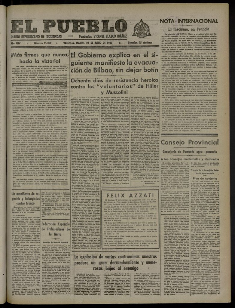 Miniatura de El Pueblo : Diario republicano de Valencia del 22 de junio de 1937, nº 15.301