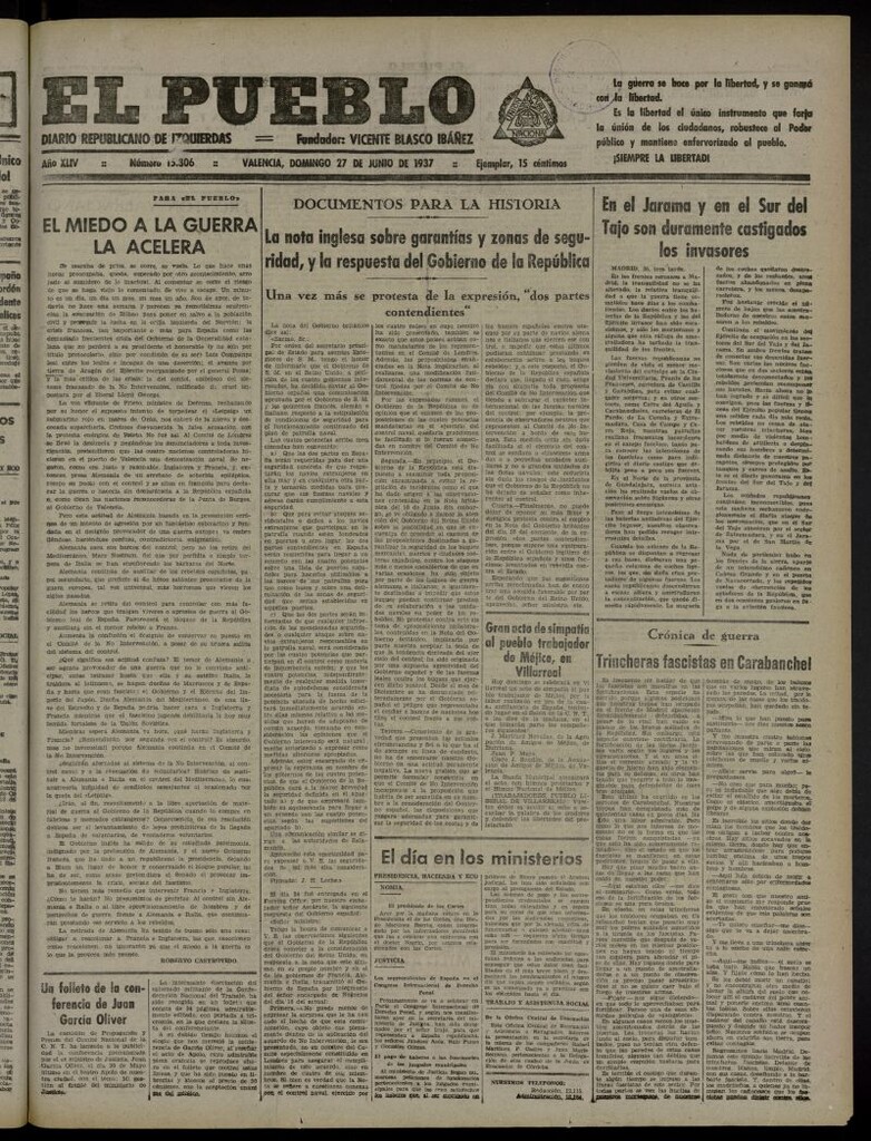 Miniatura de El Pueblo : Diario republicano de Valencia del 27 de junio de 1937, nº 15.306