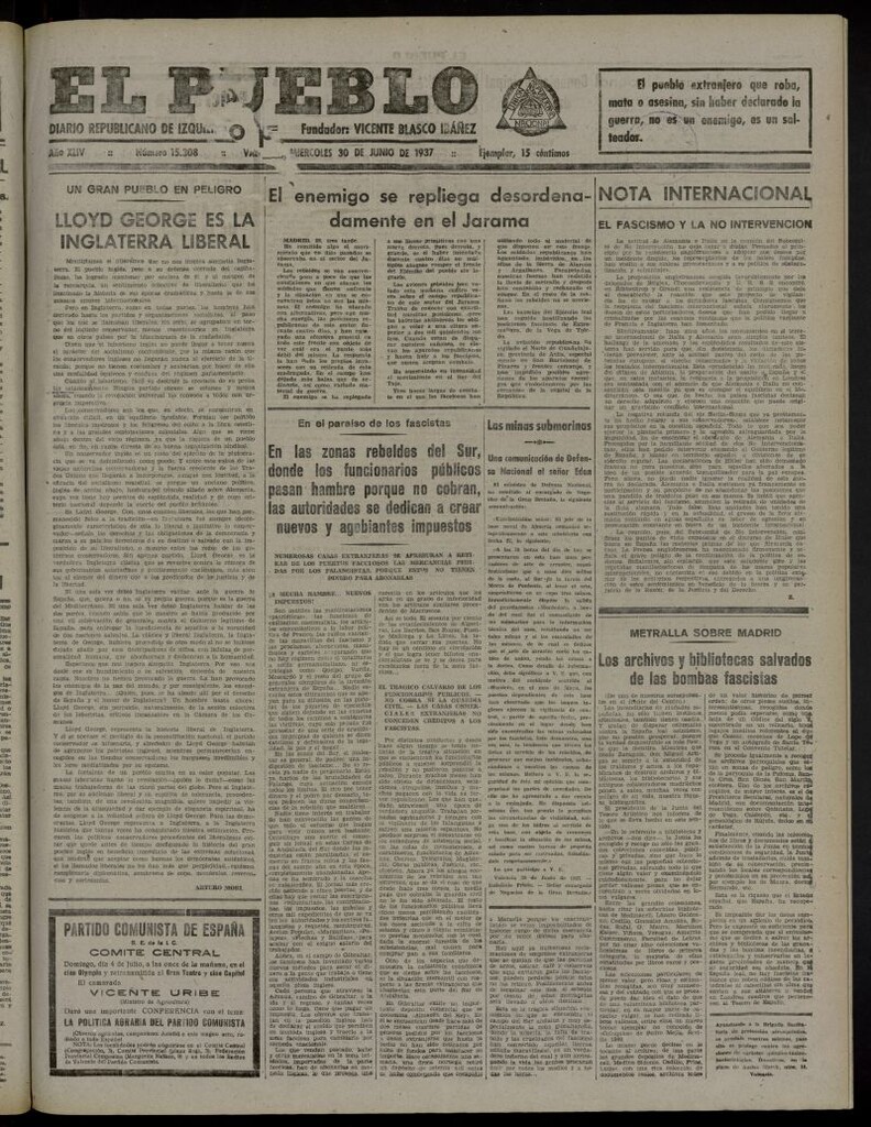 Miniatura de El Pueblo : Diario republicano de Valencia del 30 de junio de 1937, nº 15.308