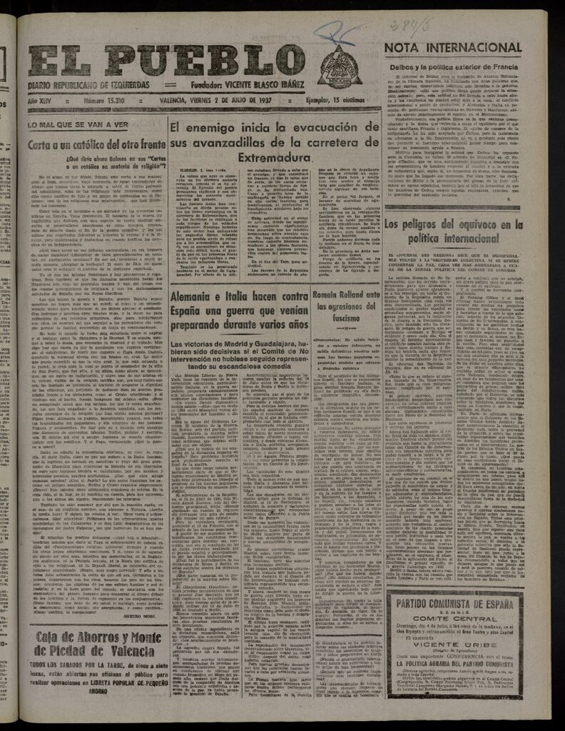 Miniatura de El Pueblo : Diario republicano de Valencia del 2 de julio de 1937, nº 15.310