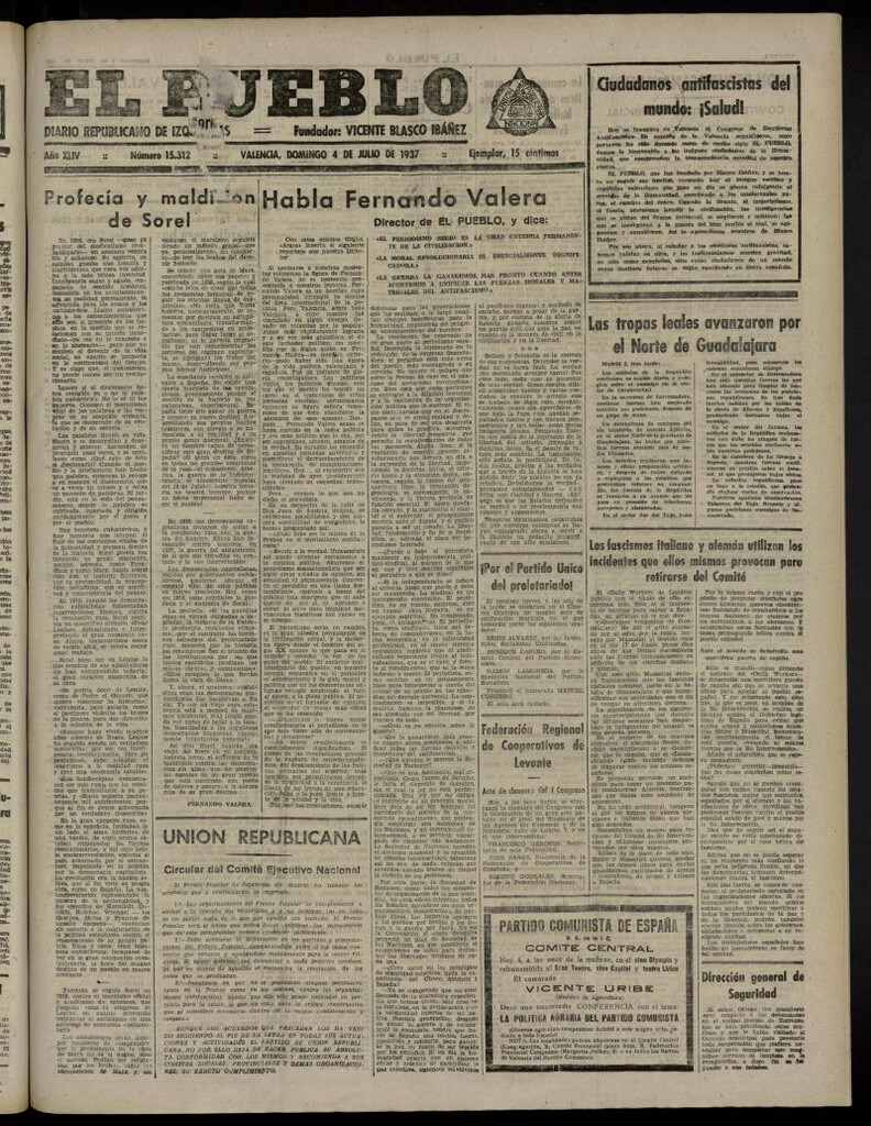 Miniatura de El Pueblo : Diario republicano de Valencia del 4 de julio de 1937, nº 15.312
