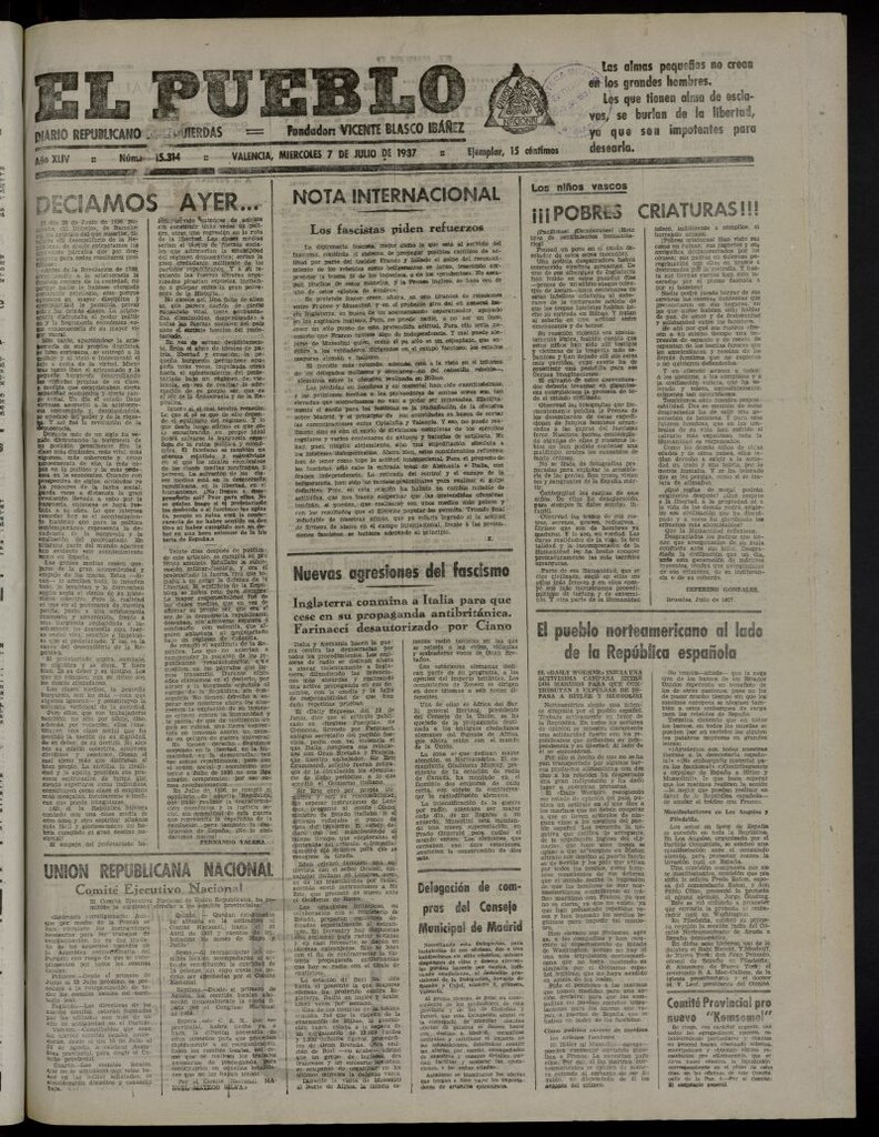 Miniatura de El Pueblo : Diario republicano de Valencia del 7 de julio de 1937, nº 15.314