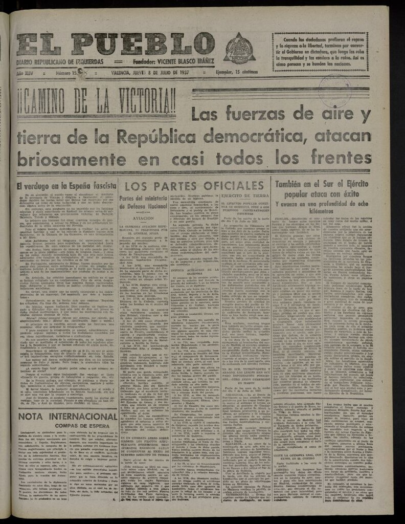 Miniatura de El Pueblo : Diario republicano de Valencia del 8 de julio de 1937, nº 15.315