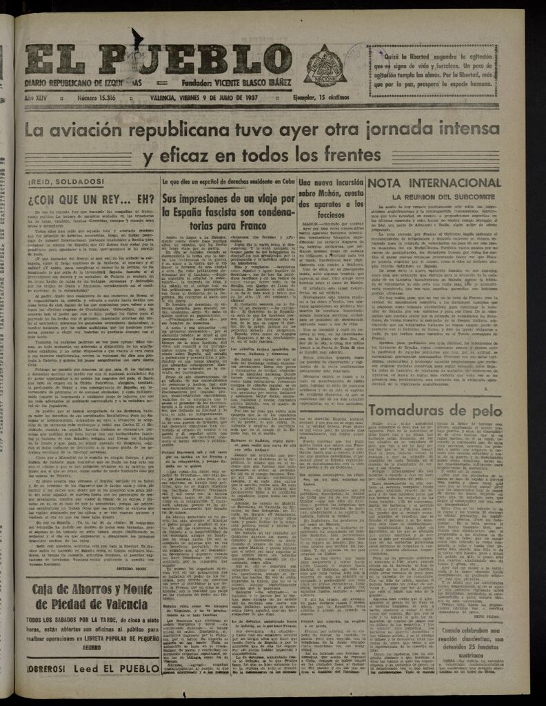 Miniatura de El Pueblo : Diario republicano de Valencia del 9 de julio de 1937, nº 15.316