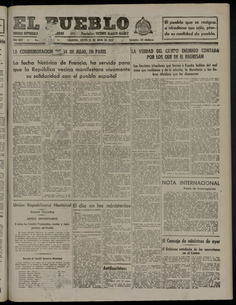 Miniatura de El Pueblo : Diario republicano de Valencia del 15 de julio de 1937, nº 15.321
