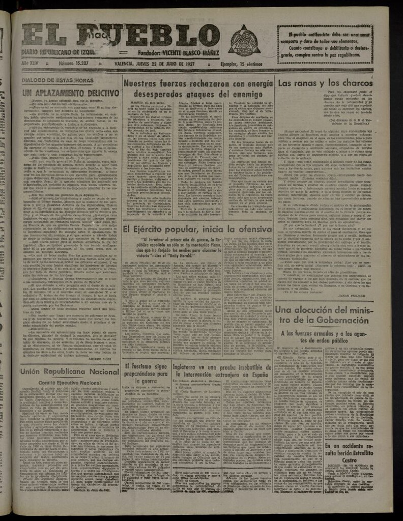 Miniatura de El Pueblo : Diario republicano de Valencia del 22 de julio de 1937, nº 15.327