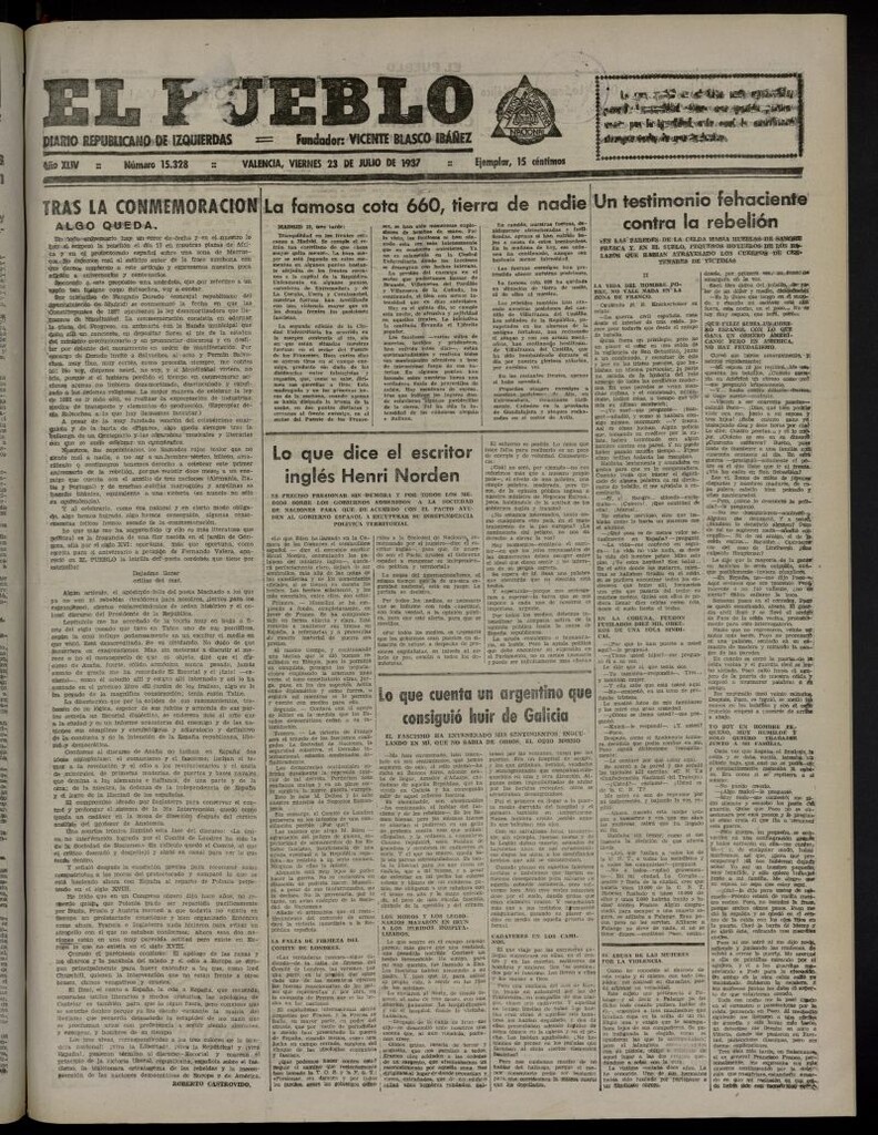 Miniatura de El Pueblo : Diario republicano de Valencia del 23 de julio de 1937, nº 15.328