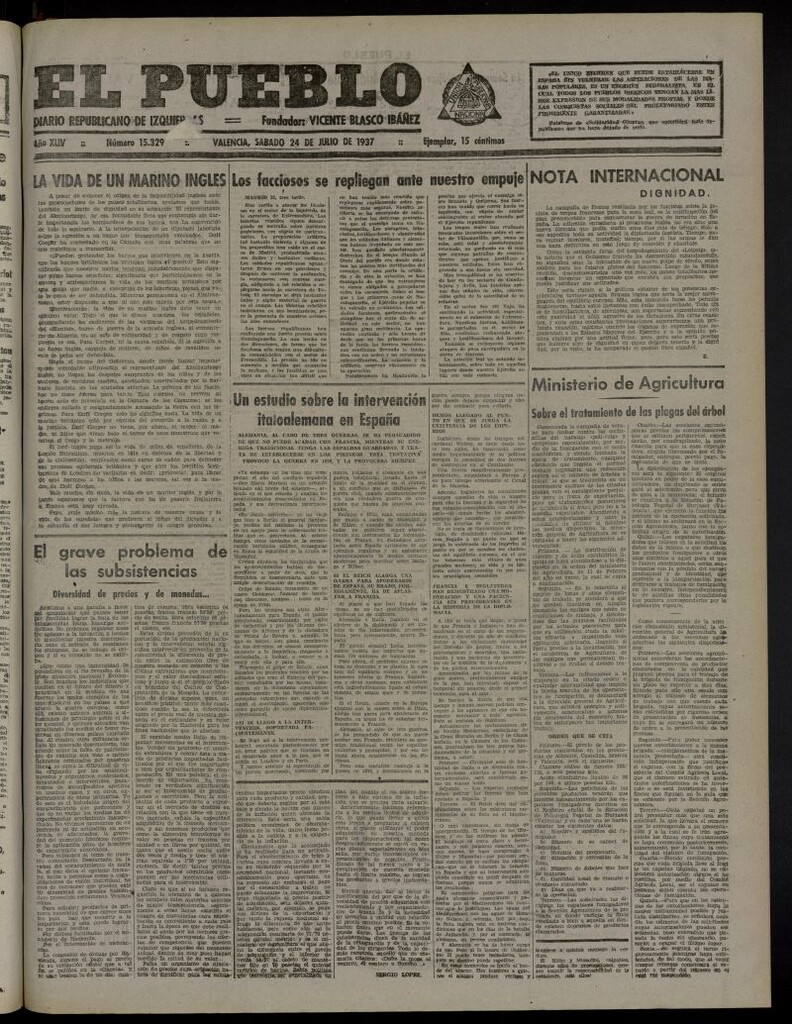 Miniatura de El Pueblo : Diario republicano de Valencia del 24 de julio de 1937, nº 15.329