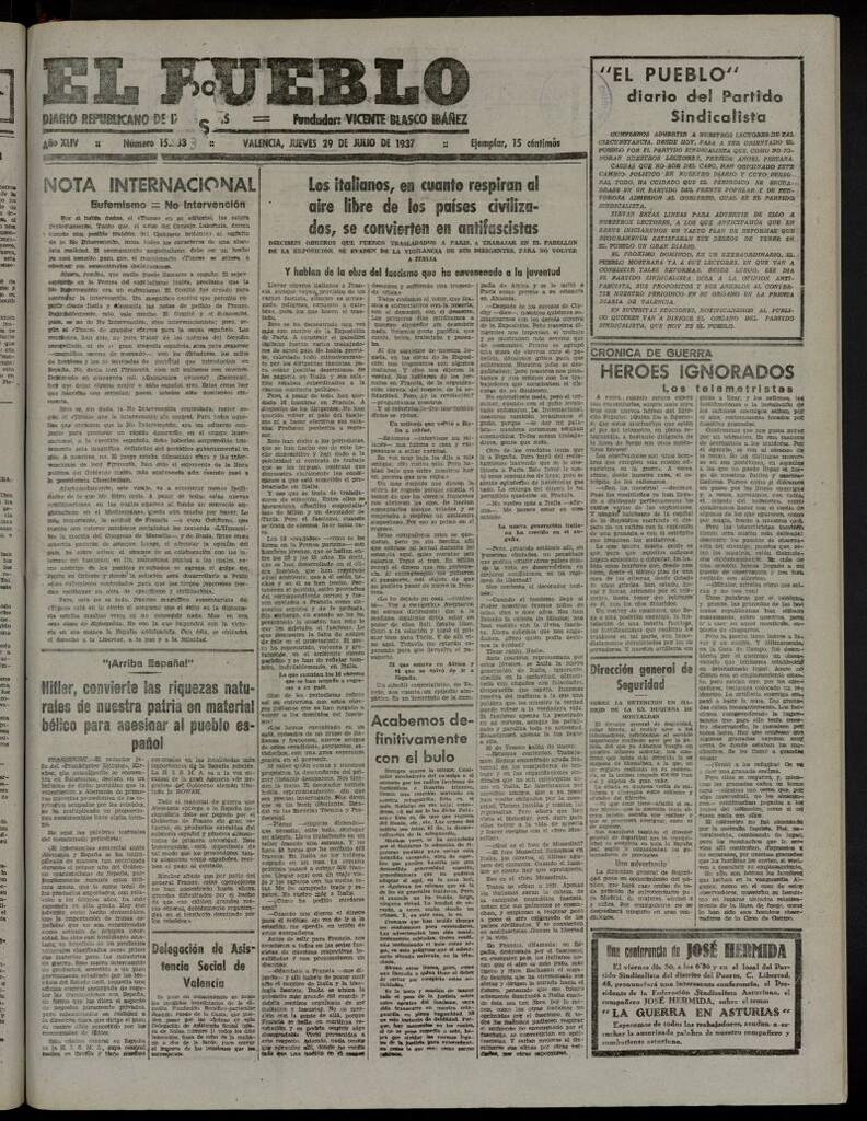 Miniatura de El Pueblo : Diario republicano de Valencia del 29 de julio de 1937, nº 15.333