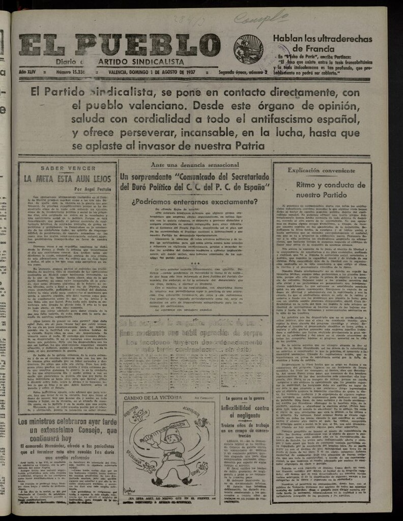 Miniatura de El Pueblo : Diario republicano de Valencia del 1 de agosto de 1937, nº 15.336