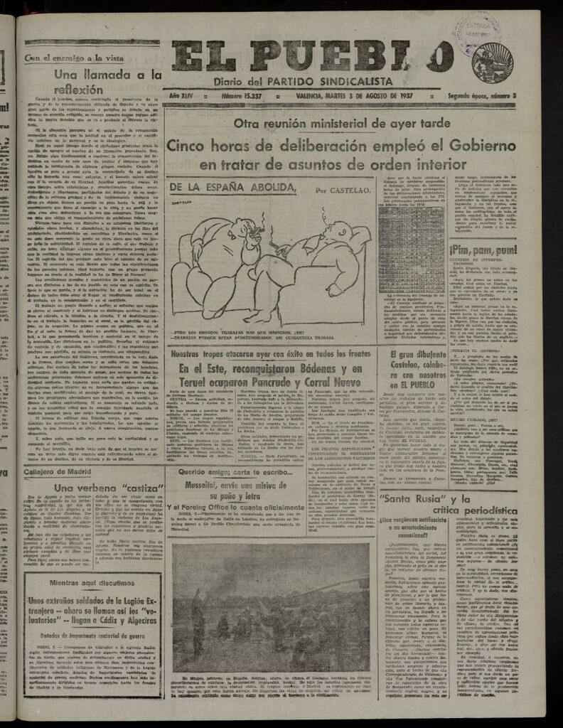 Miniatura de El Pueblo : Diario republicano de Valencia del 3 de agosto de 1937, nº 15.337