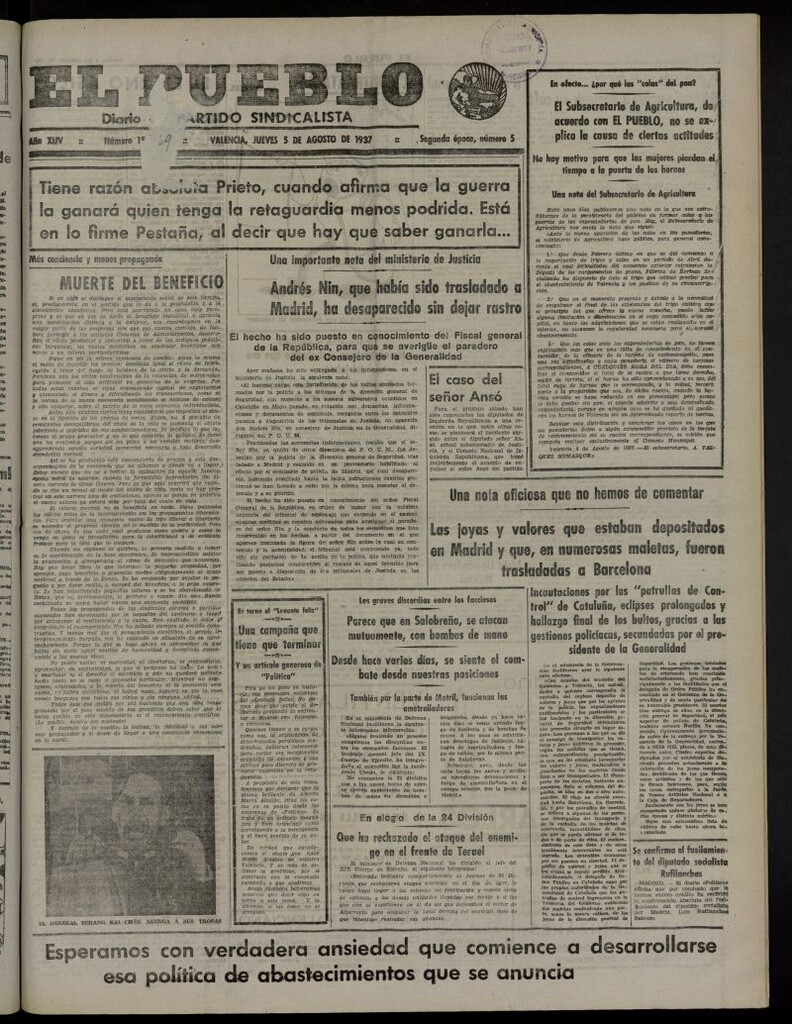 Miniatura de El Pueblo : Diario republicano de Valencia del 5 de agosto de 1937, nº 15.339