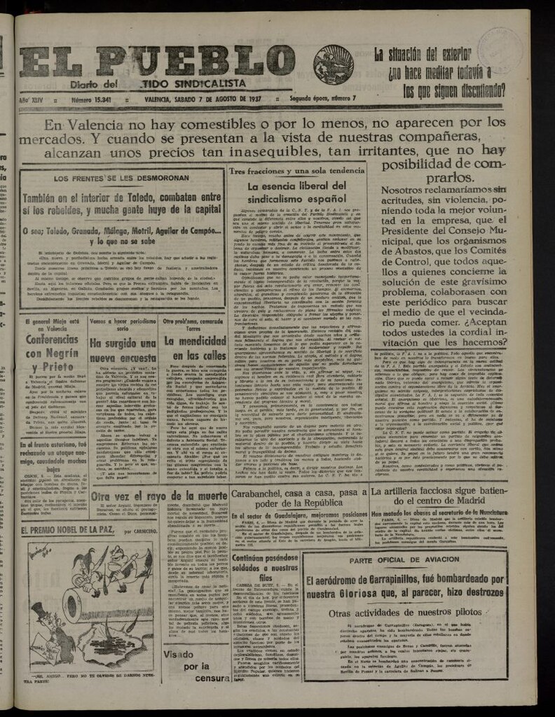 Miniatura de El Pueblo : Diario republicano de Valencia del 7 de agosto de 1937, nº 15.341