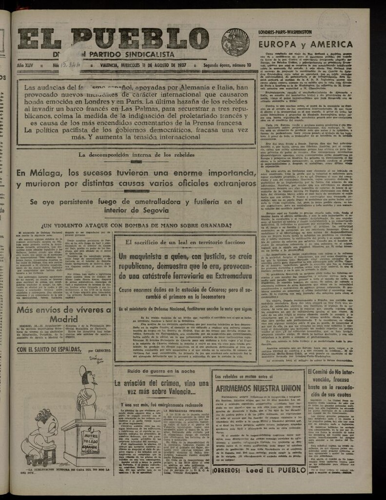 Miniatura de El Pueblo : Diario republicano de Valencia del 11 de agosto de 1937, nº 15.344