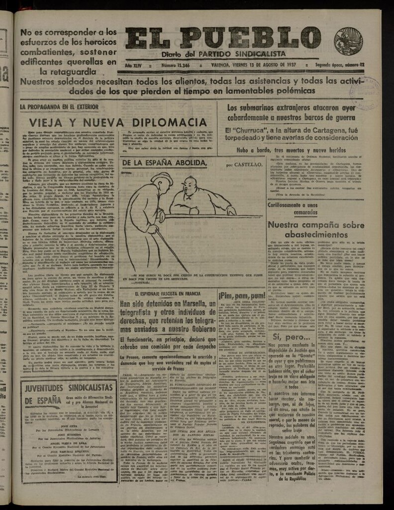 Miniatura de El Pueblo : Diario republicano de Valencia del 13 de agosto de 1937, nº 15.346