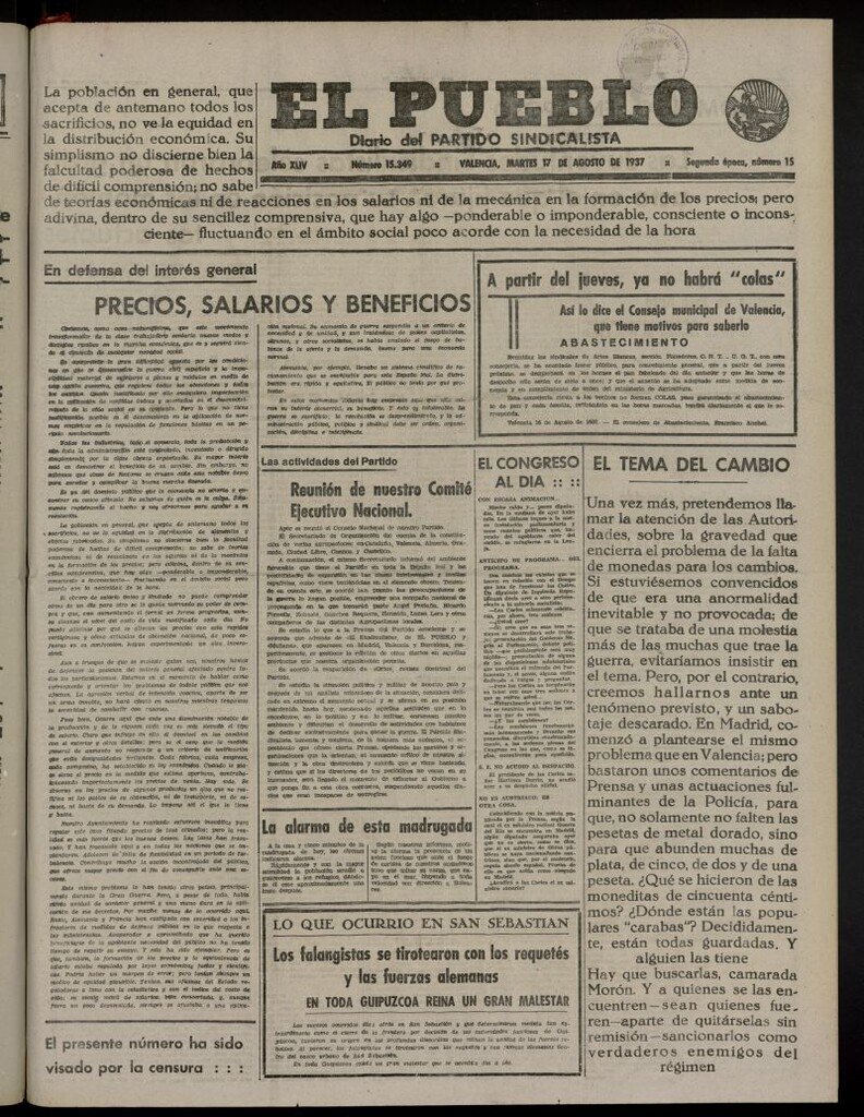 Miniatura de El Pueblo : Diario republicano de Valencia del 17 de agosto de 1937, nº 15.349